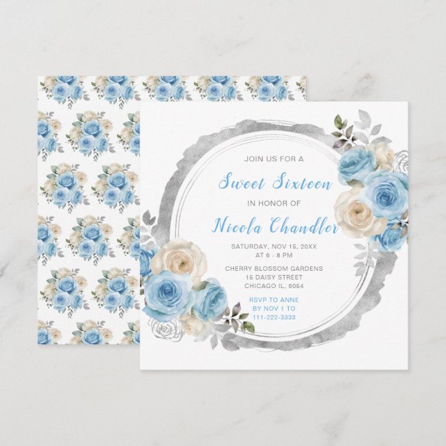 Dusty Blue Silver Elegant Flowers Sweet Sixteen Invitation (Front/Back)