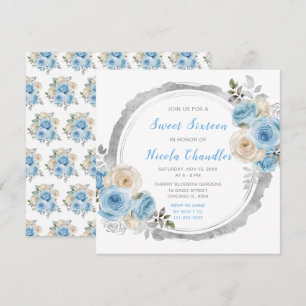 Dusty Blue Silver Elegant Flowers Sweet Sixteen Invitation