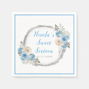 Dusty Blue Silver Elegant Flowers Sweet Sixteen Napkin