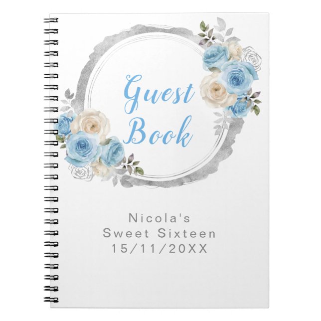 Dusty Blue Silver Elegant Flowers Sweet Sixteen Notebook (Front)