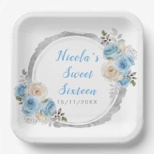 Dusty Blue Silver Elegant Flowers Sweet Sixteen Paper Plate