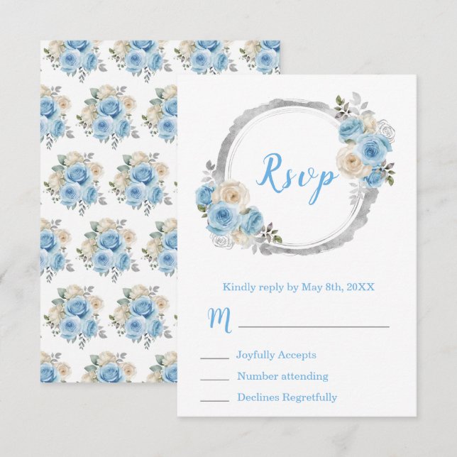 Dusty Blue Silver Elegant Flowers Sweet Sixteen RSVP Card (Front/Back)