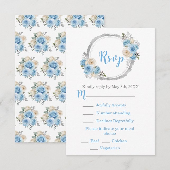 Dusty Blue Silver Elegant Flowers Sweet Sixteen RSVP Card (Front/Back)
