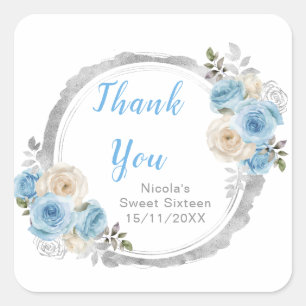 Dusty Blue Silver Elegant Flowers Sweet Sixteen Square Sticker