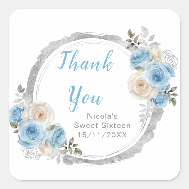 Dusty Blue Silver Elegant Flowers Sweet Sixteen Square Sticker (Front)