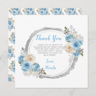 Dusty Blue Silver Elegant Flowers Sweet Sixteen Thank You Card