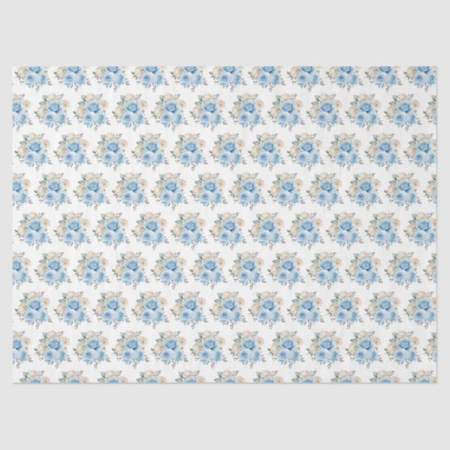 Dusty Blue Silver Elegant Flowers Tissue Paper (Front)