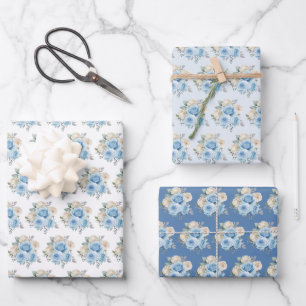 Dusty Blue Silver Elegant Flowers Wrapping Paper Sheet