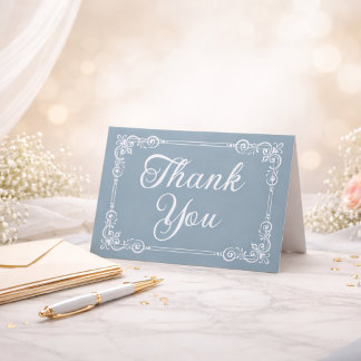 Dusty Blue Silver Filigree Script Thank You Card