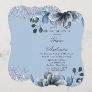 Dusty Blue Silver Floral Bridal Shower Invitation