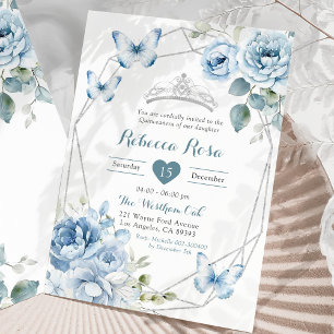Dusty Blue Silver Floral Butterfly Quinceañera Invitation