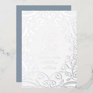 Dusty Blue Silver Floral Leaf Lace Wedding