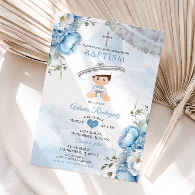Dusty Blue Silver Floral Mexican Boy Baptism Invitation (Creator Uploaded)