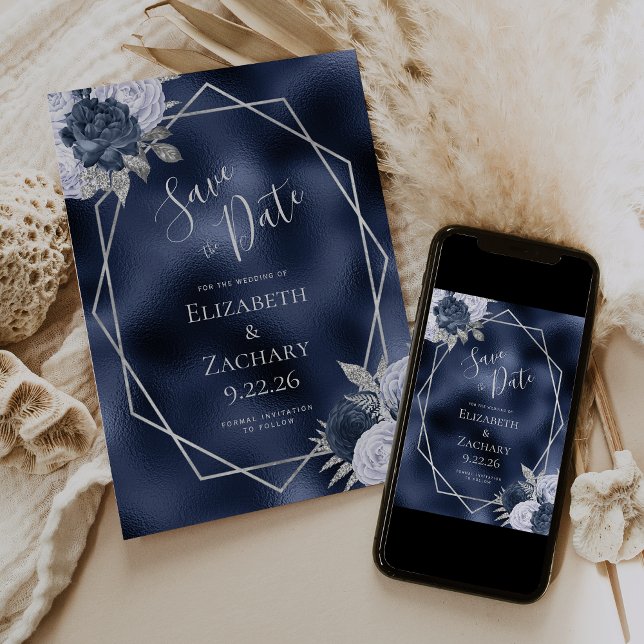 Dusty Blue Silver Floral Navy Foil Save the Date (Creator Uploaded)