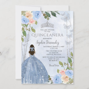 Dusty Blue Silver Floral Princess Quinceañera Invitation