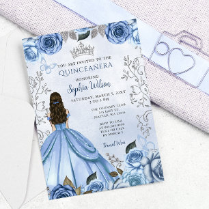 Dusty Blue Silver Floral Princess Quinceañera Invitation