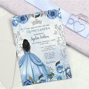 Dusty Blue Silver Floral Princess Quinceañera Invitation