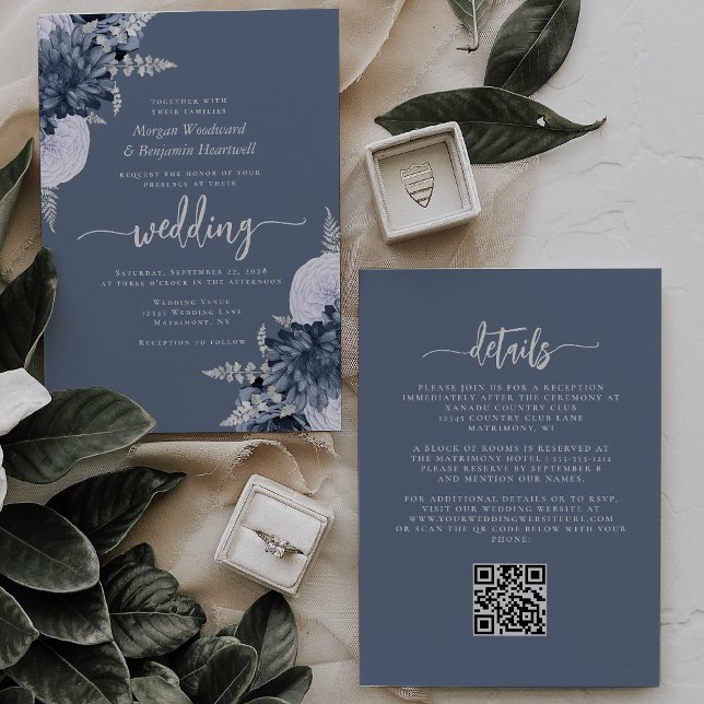 Dusty Blue Silver Floral QR Code Wedding Invitation (Creator Uploaded)