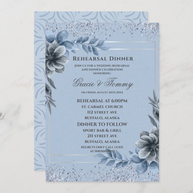 Dusty Blue Silver Floral Rehearsal Dinner Invitation (Front/Back)