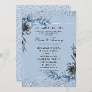 Dusty Blue Silver Floral Rehearsal Dinner Invitation