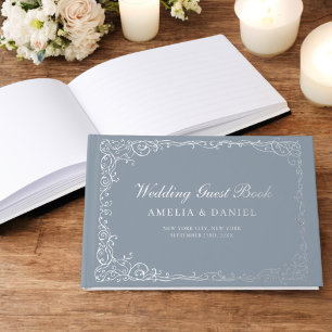 Dusty Blue Silver Floral Vintage Wedding Guest Book