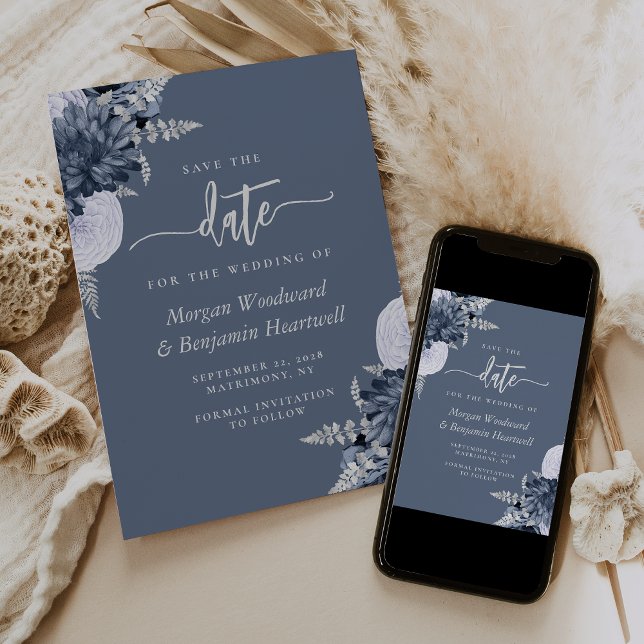 Dusty Blue Silver Floral Wedding Save the Date Invitation (Creator Uploaded)
