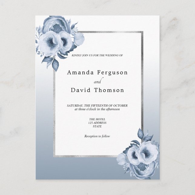 Dusty blue silver florals wedding invitation postcard (Front)