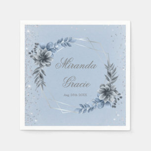 Dusty Blue Silver Geometric Floral Bridal Shower Napkin