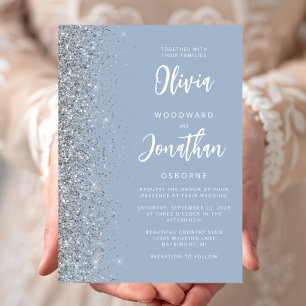 Dusty Blue Silver Glitter Calligraphy Wedding Invitation