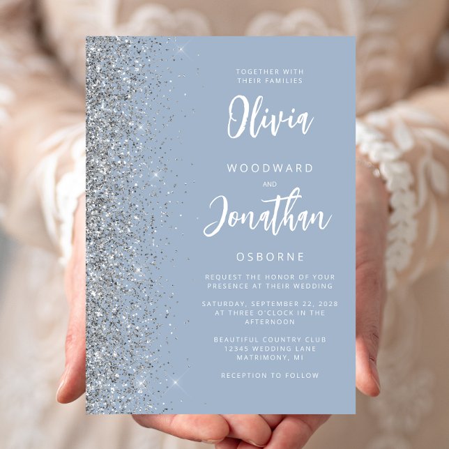 Dusty Blue Silver Glitter Calligraphy Wedding Invitation (Creator Uploaded)
