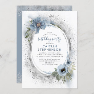 Dusty Blue Silver Glitter Floral Birthday Party Invitation