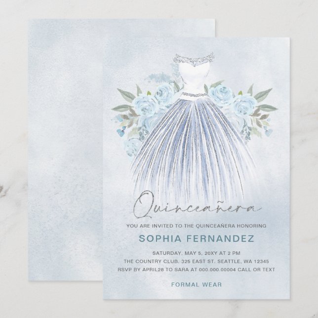 Dusty Blue Silver glitter Floral Dress Quinceañera Invitation (Front/Back)