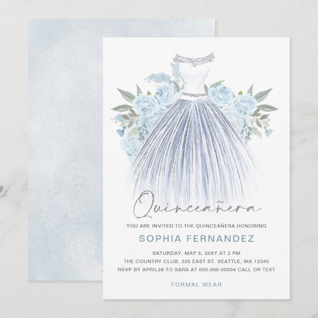 Dusty Blue Silver glitter Floral Dress Quinceañera Invitation (Front/Back)