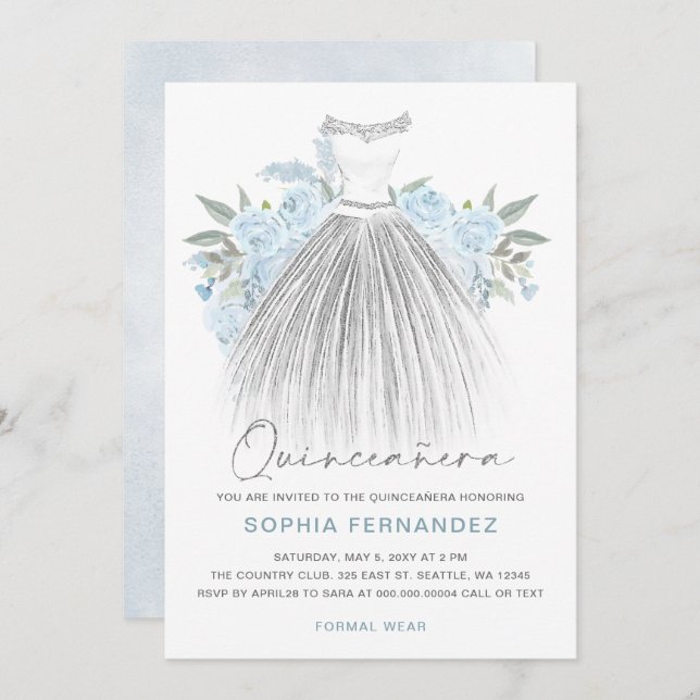 Dusty Blue Silver glitter Floral Dress Quinceañera Invitation (Front/Back)