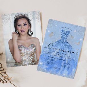 Dusty Blue Silver Glitter Gown Photo Quinceanera Invitation