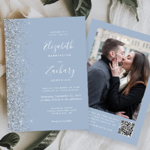 Dusty Blue Silver Glitter Photo QR Code Wedding Invitation