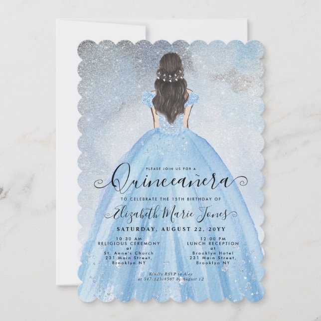 Dusty Blue Silver Glitter Princess Quinceañera Invitation (Front)