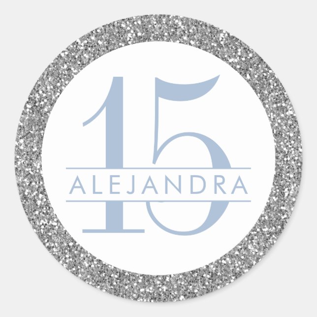 Dusty Blue Silver Glitter Quince Años Birthday Classic Round Sticker (Front)