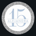 Dusty Blue Silver Glitter Quince Años Birthday Classic Round Sticker<br><div class="desc">Chic Dusty Blue and Sparkly silver faux glitter birthday sticker with custom age and name. Perfect for adding to envelopes and favours for an elegant and modern 15th birthday party, Quinceanera, quince años, or customise for any birthday celebration. Background is a printed image of glitter - no real glitter is...</div>