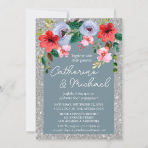 Dusty Blue Silver Glitter Watercolor Floral Arch Invitation