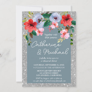 Dusty Blue Silver Glitter Watercolor Floral Arch Invitation