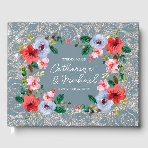 Dusty Blue Silver Glitter Watercolor Floral  Guest Book