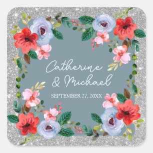 Dusty Blue Silver Glitter Watercolor Floral Square Sticker