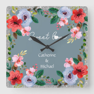 Dusty Blue Silver Glitter Watercolor Floral Square Wall Clock