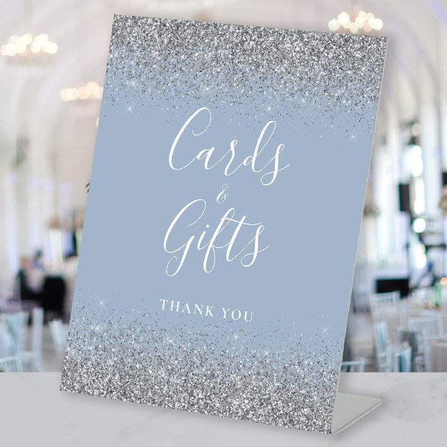 Dusty Blue Silver Glitter Wedding Cards and Gifts Pedestal Sign (Creator Uploaded)