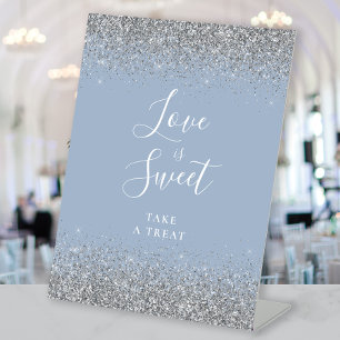 Dusty Blue Silver Glitter Wedding Love Is Sweet Pedestal Sign