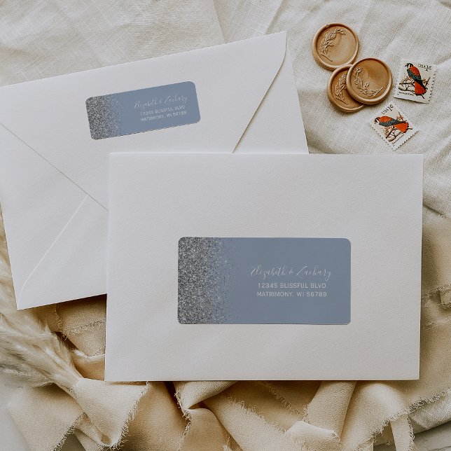 Dusty Blue Silver Glitter Wedding Return Address Label (Creator Uploaded)