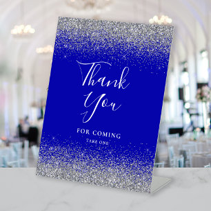 Dusty Blue Silver Glitter Wedding Thank You Pedestal Sign