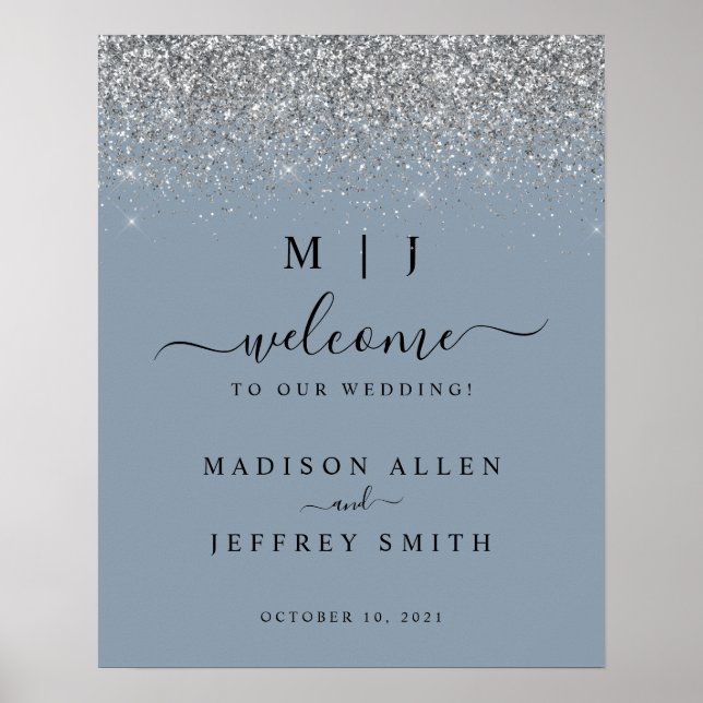 Dusty Blue & Silver Glitter Wedding Welcome Sign (Front)