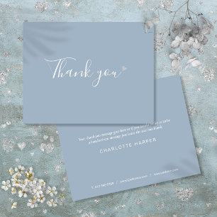 Dusty Blue Silver Heart Chic Script Business Thank You Card